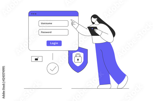 Login authentication page concept. Woman field login screen with username password on web page. Two factor authentication. Flat Cartoon Vector Illustration, icon. Stylish abstract 