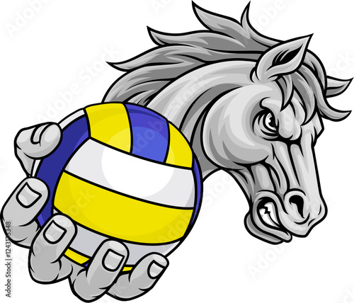 Horse mustang bronco stallion angry volleyball sports team mascot holding a ball.