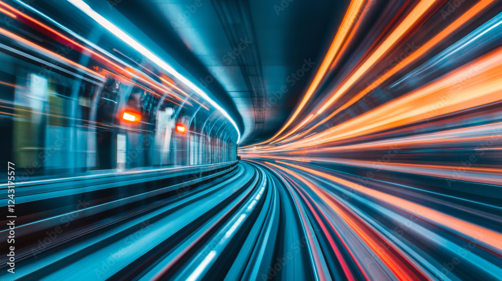 Dynamic movement captured inside a metro train speeding through a tunnel at night with bright light trails illuminating the surroundings Dynamic movement captured inside a metro train speeding through a tunnel at night with bright light trails illuminating the surroundings