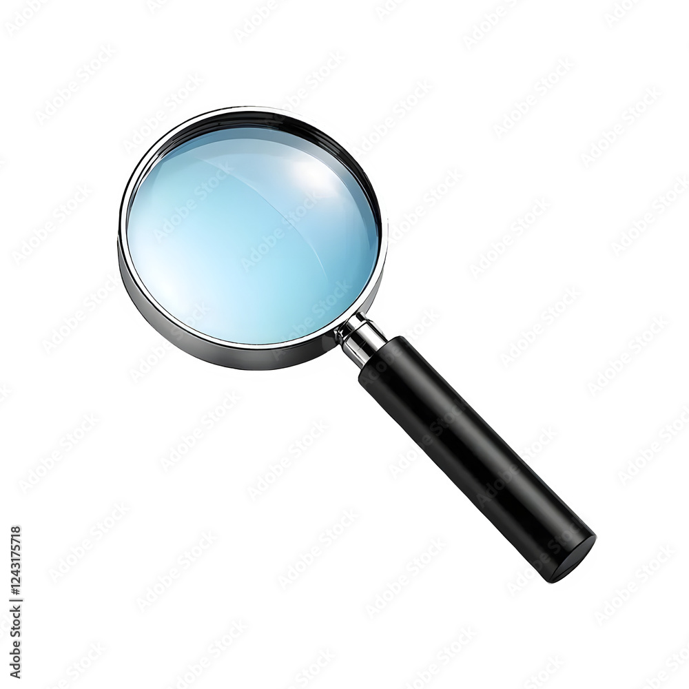A clean minimalist icon of a magnifying glass, reflecting light realistically, isolated on white background A clean minimalist icon of a magnifying glass, reflecting light realistically, isolated on white background