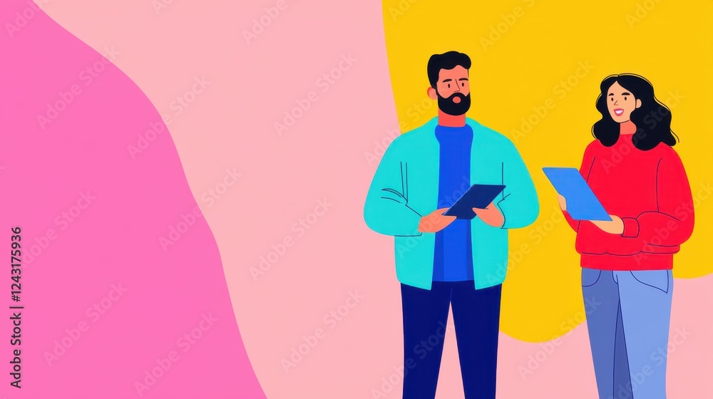 A vibrant illustration of two people holding tablets, engaged in conversation against a colorful background of pink and yellow hues. A vibrant illustration of two people holding tablets, engaged in conversation against a colorful background of pink and yellow hues.