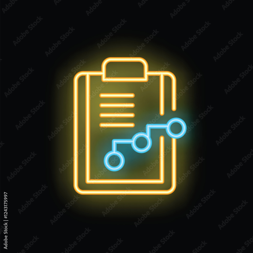 Glowing neon icon of clipboard showing growing business strategy diagram with network connection dots Glowing neon icon of clipboard showing growing business strategy diagram with network connection dots