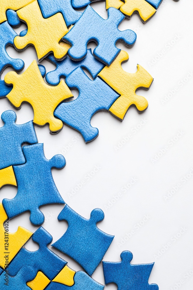 Fototapeta premium Photo of blue and yellow puzzle pieces on a white background, stock photo for a racing game. The top right corner is empty for text. There is white space at the bottom of the image. 