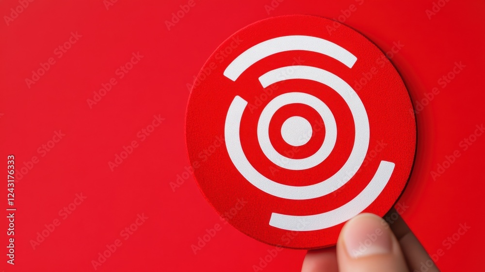 A hand holds a red circular object featuring white concentric circles against a vibrant red background. A hand holds a red circular object featuring white concentric circles against a vibrant red background.