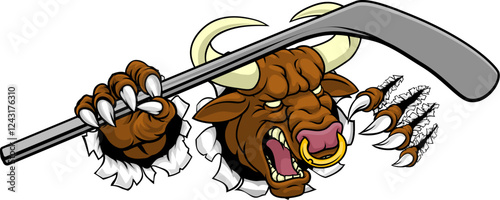 A bull or Minotaur monster longhorn cow angry mean ice hockey mascot cartoon character.