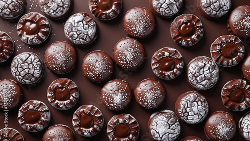 Chocolate Fondants with Glossy Tops and Light Sugar Dusting in Focus photo