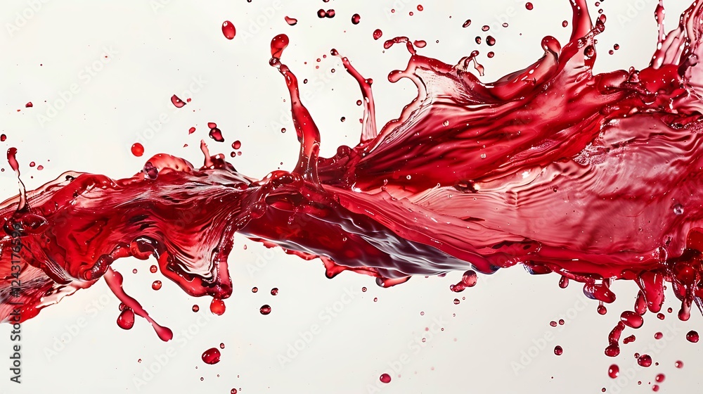 A bold splash of cherry juice, the vibrant red liquid creating intricate patterns against a clean white surface. A bold splash of cherry juice, the vibrant red liquid creating intricate patterns against a clean white surface.