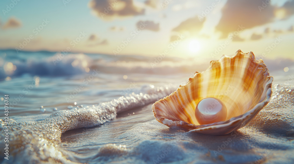 A seashell lies on the sandy beach, featuring a shiny pearl within, as gentle waves lap at the shore during sunset A seashell lies on the sandy beach, featuring a shiny pearl within, as gentle waves lap at the shore during sunset