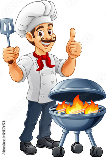 A chef cartoon barbecue cook out brazier cook man giving thumbs up and holding a BBQ spatula mascot character illustration