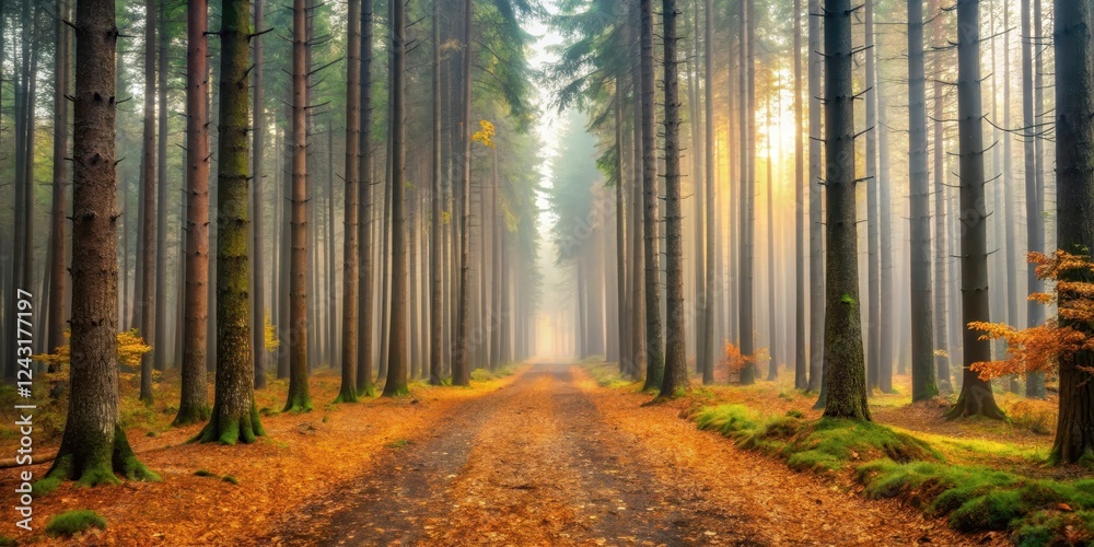 A Mystical Forest Path, Bathed in Golden Sunlight and Autumn Mist, Beckons the Wanderer Down a Serene Woodland Trail A Mystical Forest Path, Bathed in Golden Sunlight and Autumn Mist, Beckons the Wanderer Down a Serene Woodland Trail