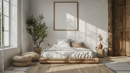 Creating a serene minimalist bedroom a bright with white walls and wooden bed frame illuminated by soft natural light