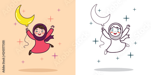 A cute Muslim little girl jumping with a crescent moon-shaped balloon for a design element or coloring book element