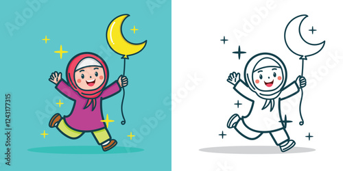 A cute Muslim little girl jumping with a crescent moon-shaped balloon for a design element or coloring book element