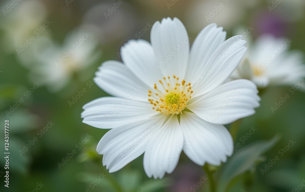 A close-up of a white flower in bloom with a blurred garden in the background A close-up of a white flower in bloom with a blurred garden in the background