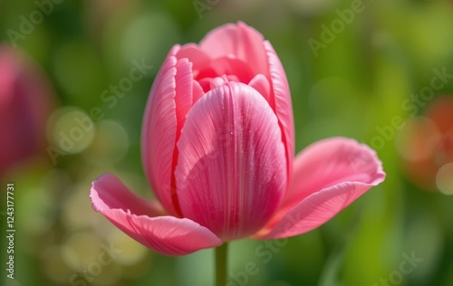 A close-up of a pink tulip with dew drops on its petals