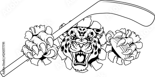 A jaguar, panther, leopard or cheetah wildcat spotted cat hockey sports team mascot holding an ice hockey puck and stick