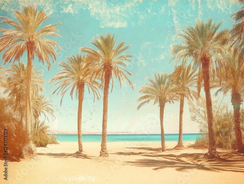 Tropical beach palm trees vintage photo travel poster