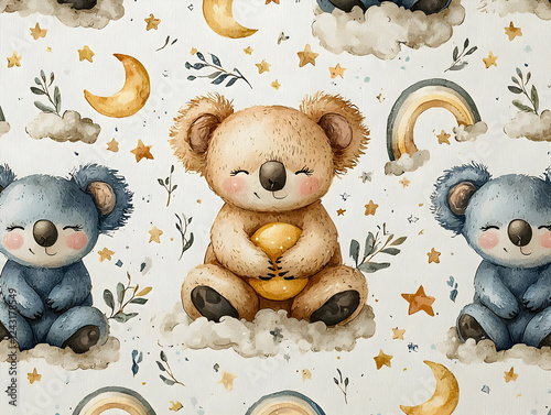 Cute Koala Bears Dream on Clouds, Stars, Rainbow photo