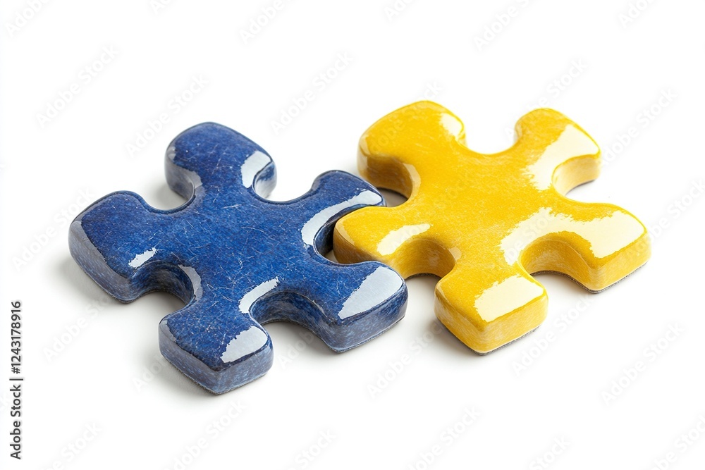 Fototapeta premium Photo of yellow and blue puzzle pieces on a white background, depicting a tangent line between them. The concept is classroom education with a focus on intelligence symbolized by geometric shapes