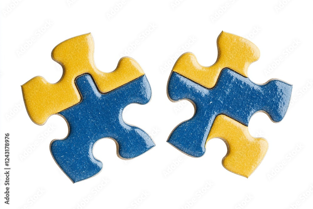 Fototapeta premium Photo of yellow and blue puzzle pieces on a white background, depicting a tangent line between them. The concept is classroom education with a focus on intelligence symbolized by geometric shapes