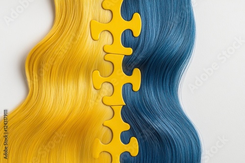 Photo of yellow and blue puzzle pieces on a white background, depicting a tangent line between them. The concept is classroom education with a focus on intelligence symbolized by geometric shapes
