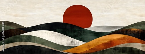 A hand-drawn illustration of the sun setting over rolling hills
