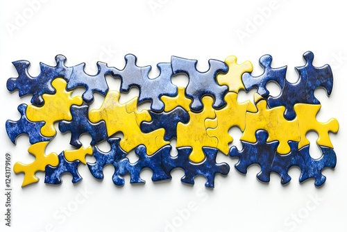 Photo of yellow and blue puzzle pieces on a white background, depicting a tangent line between them. The concept is classroom education with a focus on intelligence symbolized by geometric shapes