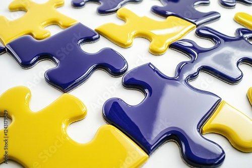 Photo of yellow and blue puzzle pieces on a white background, depicting a tangent line between them. The concept is classroom education with a focus on intelligence symbolized by geometric shapes