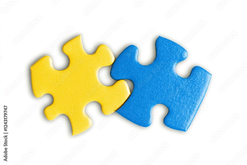 Photo of yellow and blue puzzle pieces on a white background, depicting a tangent line between them. The concept is classroom education with a focus on intelligence symbolized by geometric shapes Photo of yellow and blue puzzle pieces on a white background, depicting a tangent line between them. The concept is classroom education with a focus on intelligence symbolized by geometric shapes
