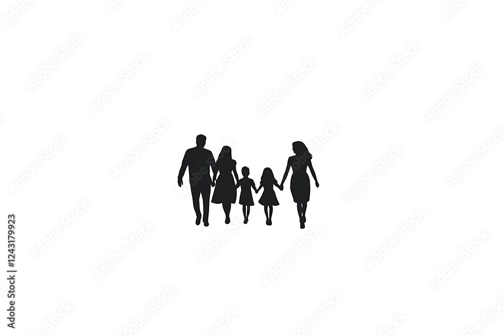A minimalistic silhouette of a family walking together, holding hands A minimalistic silhouette of a family walking together, holding hands