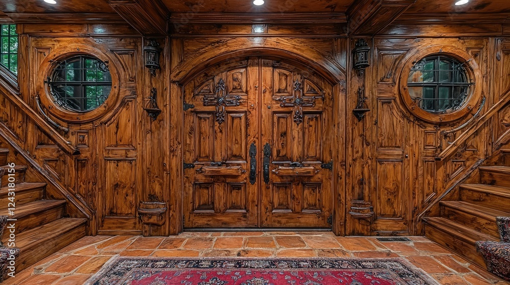 Obraz premium Elegant Wooden Entryway With Double Doors And Staircases