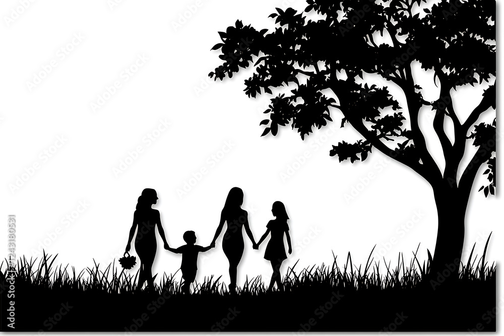 A minimalistic silhouette of a family walking together, holding hands A minimalistic silhouette of a family walking together, holding hands