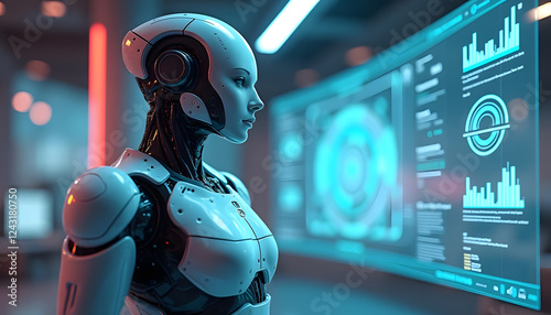 Futuristic Robot Analyzes Data on Holographic Display. A sleek, white and dark-grey robot, likely a female android, analyzes data displayed on a translucent holographic display screen