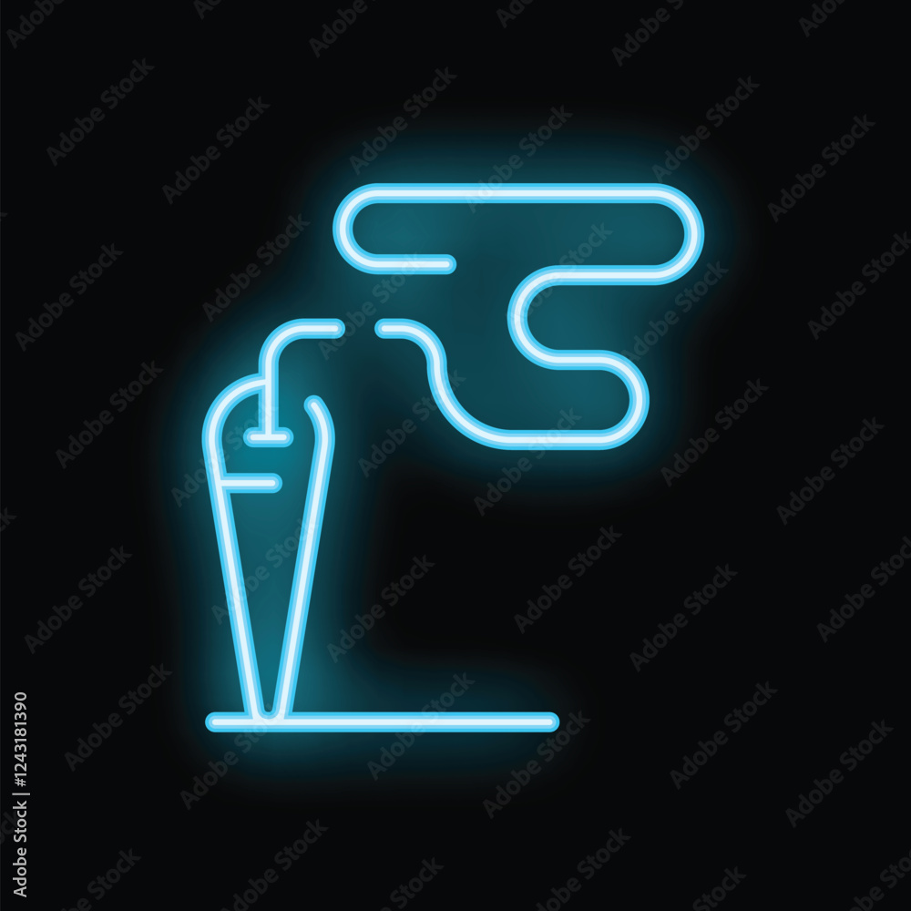 Blue neon icon of an acupuncture needle emitting smoke on black background Blue neon icon of an acupuncture needle emitting smoke on black background