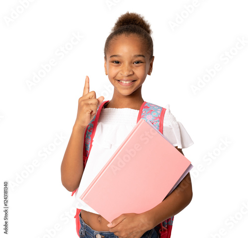 Smiling student child girl holding a notebook pointing finger up isolated over transparent background. PNG transparent.