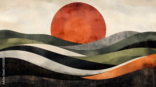 A hand-drawn illustration of the sun setting over rolling hills
