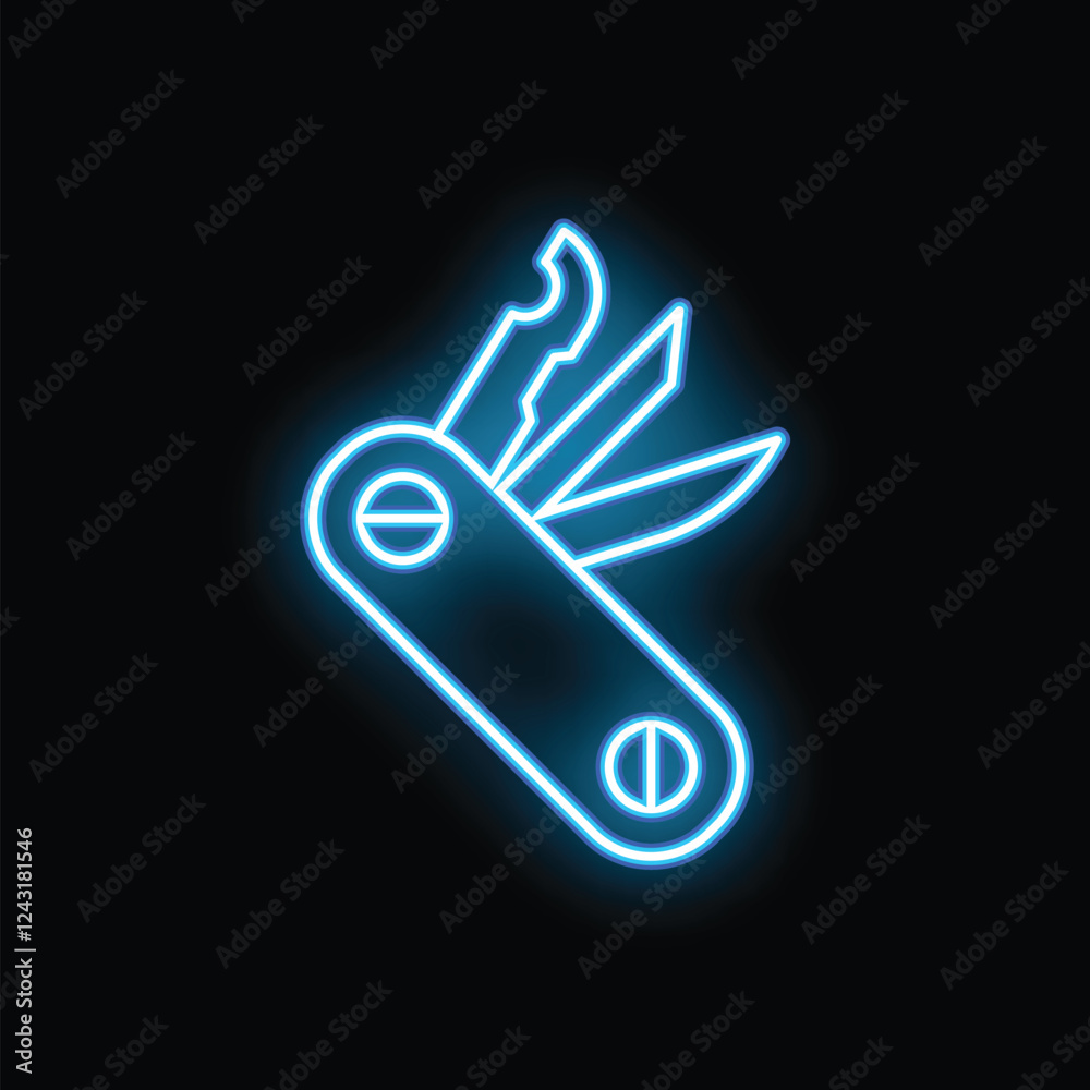 Obraz premium Blue neon sign of a multipurpose pocket knife with different blades and tools glowing on a black background
