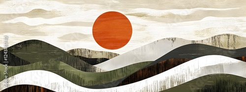 A hand-drawn illustration of the sun setting over rolling hills
