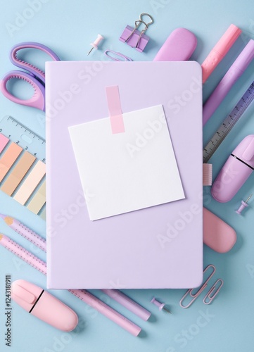Composition of various school and office stationery in pastel pink and purple colors on a blue background. Place for your text.
