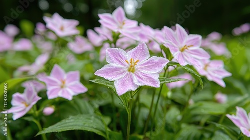 Pink flowers blooming in garden, lush green background, nature scene, perfect for spring themes