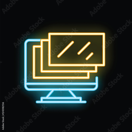Neon icon of a computer displaying multiple windows, symbolizing the concept of multitasking