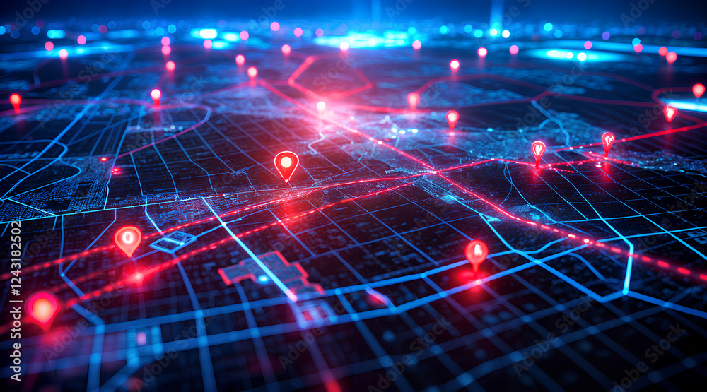 Digital Map with Red Location Markers Representing GPS Navigation and Connectivity Digital Map with Red Location Markers Representing GPS Navigation and Connectivity