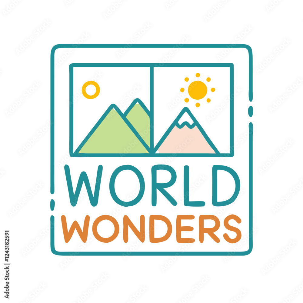 World Wonders Icon in minimalist design with mountains and sun World Wonders Icon in minimalist design with mountains and sun