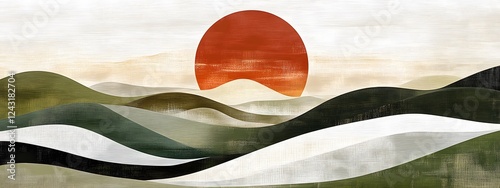 A hand-drawn illustration of the sun setting over rolling hills
