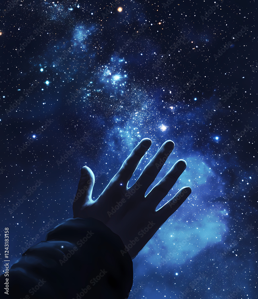A hand reaching for the stars, set against a starry sky. A bright light shines through the hand, creating a fantasy-style scene A hand reaching for the stars, set against a starry sky. A bright light shines through the hand, creating a fantasy-style scene