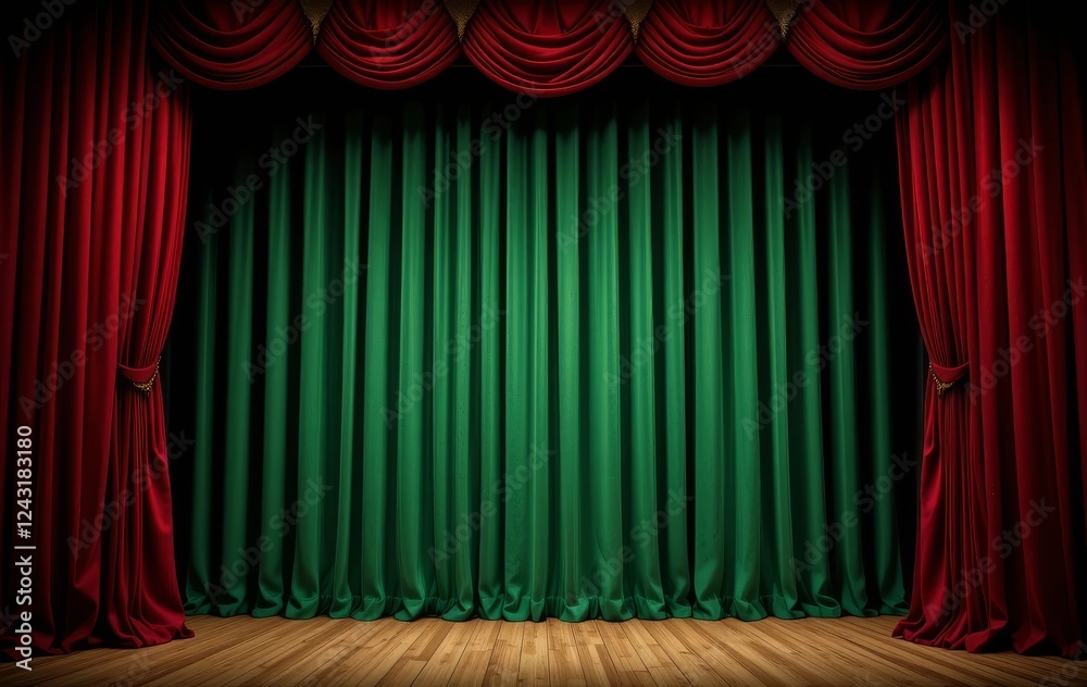 A close-up of a green velvet curtain on a theatre stage, with texture visible