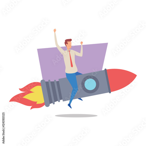 Businessman raising arms in triumph while sitting on colorful rocket. Innovation and progress, excitement and success in business world concept