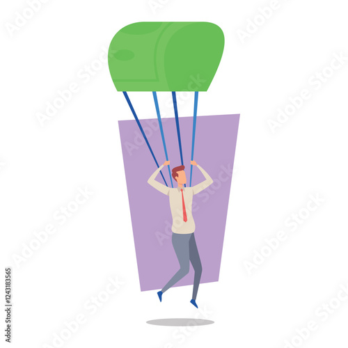 Businessman in white shirt and tie descending with green parachute shaped like dollar bill. Manager in dynamic landing position.