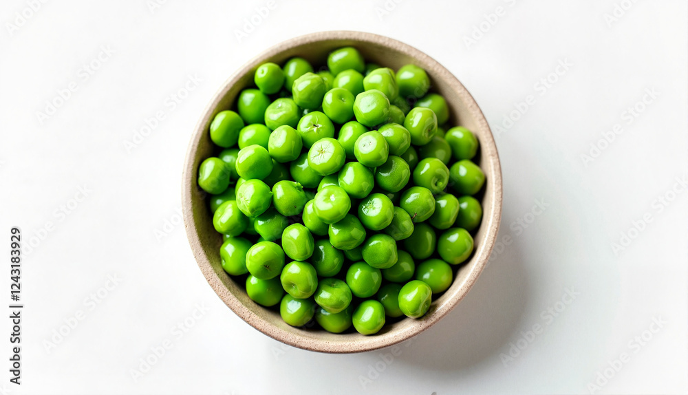 Bowl filled with vibrant green peas on a white background