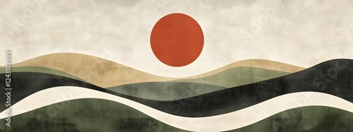 A hand-drawn illustration of the sun setting over rolling hills
